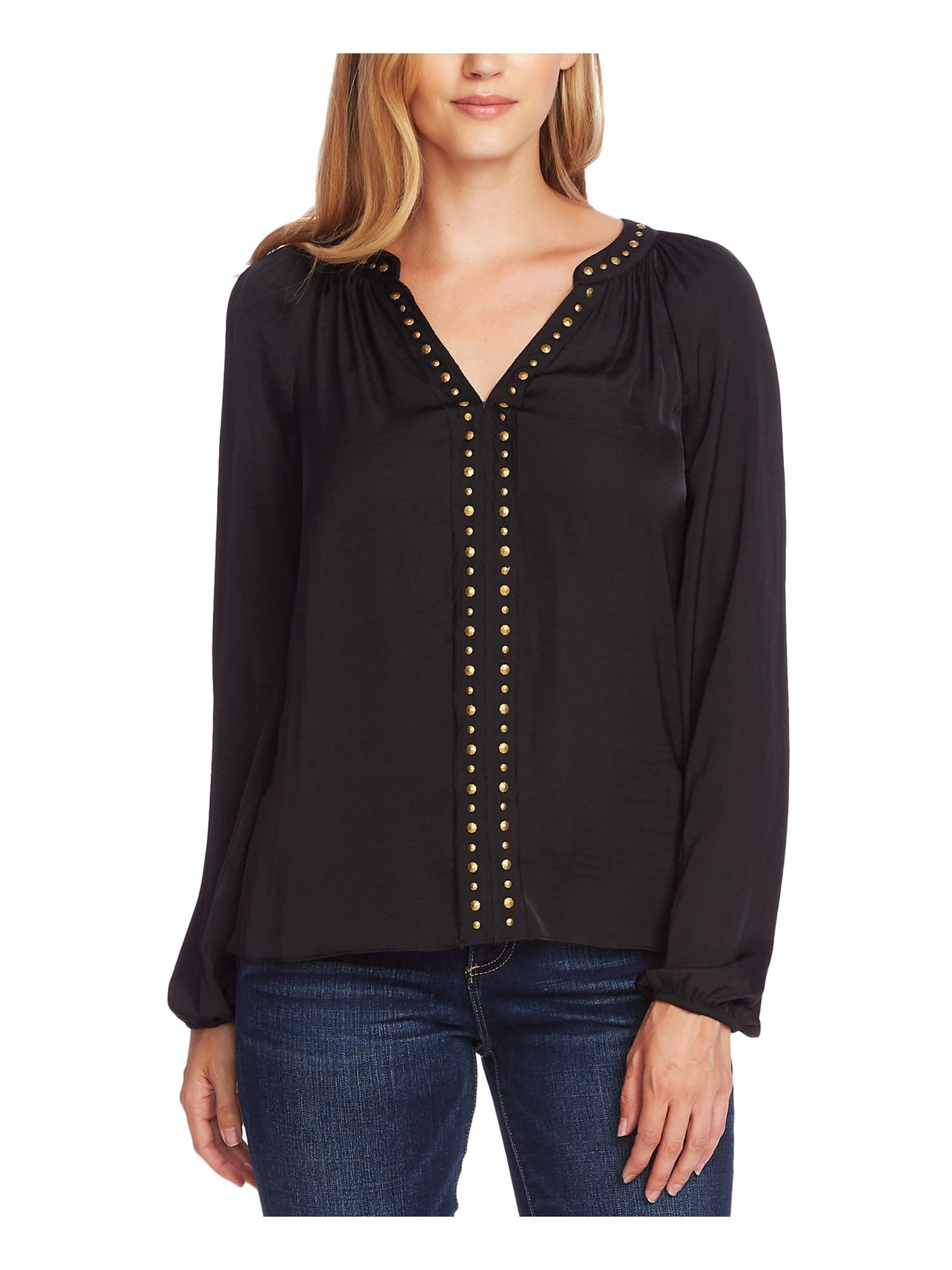 VINCE CAMUTO Womens Black Embellished Long Sleeve V Neck Top XXS