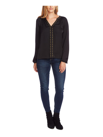 VINCE CAMUTO Womens Black Embellished Long Sleeve V Neck Top XXS