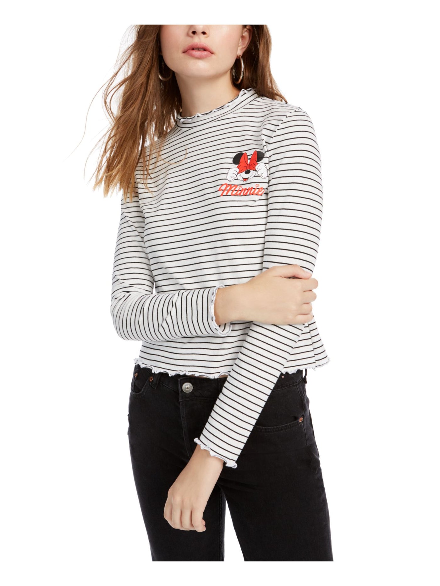 DISNEY Womens White Striped Long Sleeve Crew Neck Top Juniors XL