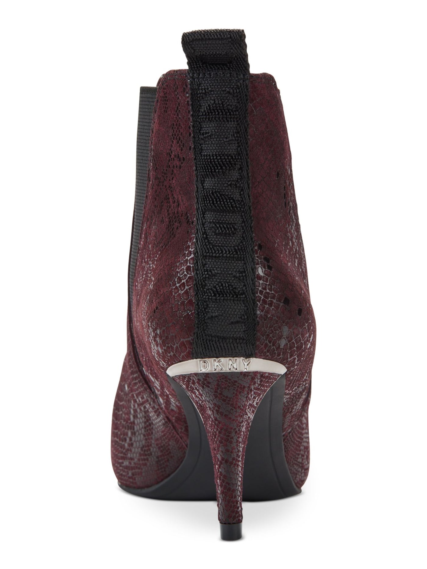 DKNY Womens Burgundy Snakeskin Stretch Gore Metal Heel Rand Logo Back Strap Cushioned Comfort Alani Almond Toe Kitten Heel Booties 8.5 M