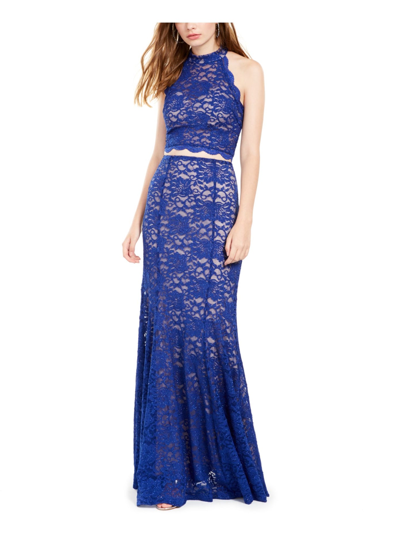 SEQUIN HEARTS Womens Blue Lace Zippered Glitter Lined Sleeveless Halter Full-Length Evening Gown Dress 9