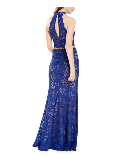 SEQUIN HEARTS Womens Blue Lace Zippered Glitter Lined Sleeveless Halter Full-Length Evening Gown Dress 9