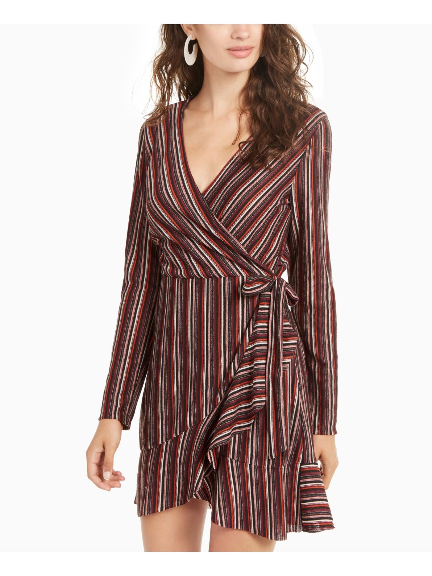 CRYSTAL DOLLS Womens Burgundy Belted Striped Long Sleeve Short Wrap Dress Juniors XL