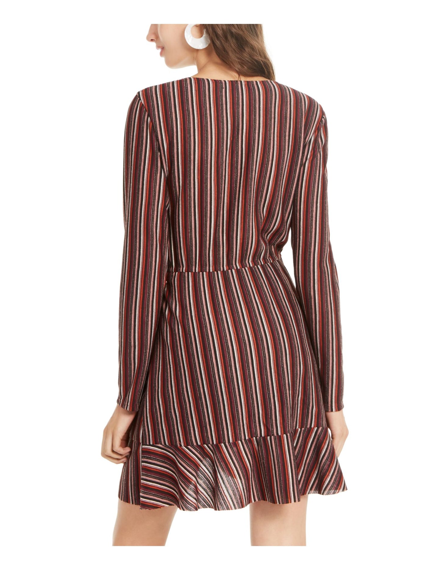 CRYSTAL DOLLS Womens Burgundy Belted Striped Long Sleeve Short Wrap Dress Juniors XL