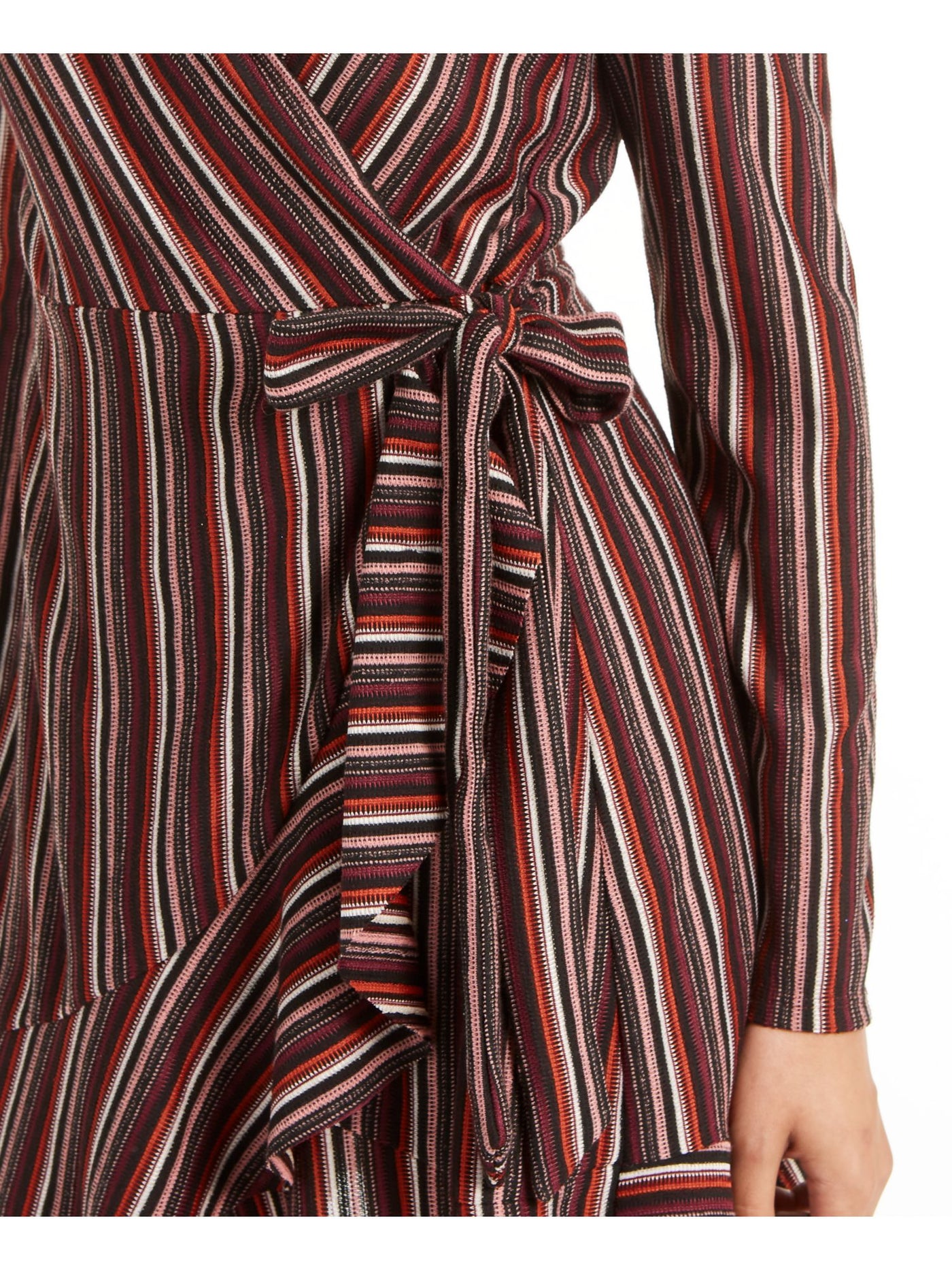 CRYSTAL DOLLS Womens Black Belted Striped Long Sleeve Short Wrap Dress M