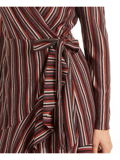 CRYSTAL DOLLS Womens Black Belted Striped Long Sleeve Short Wrap Dress M