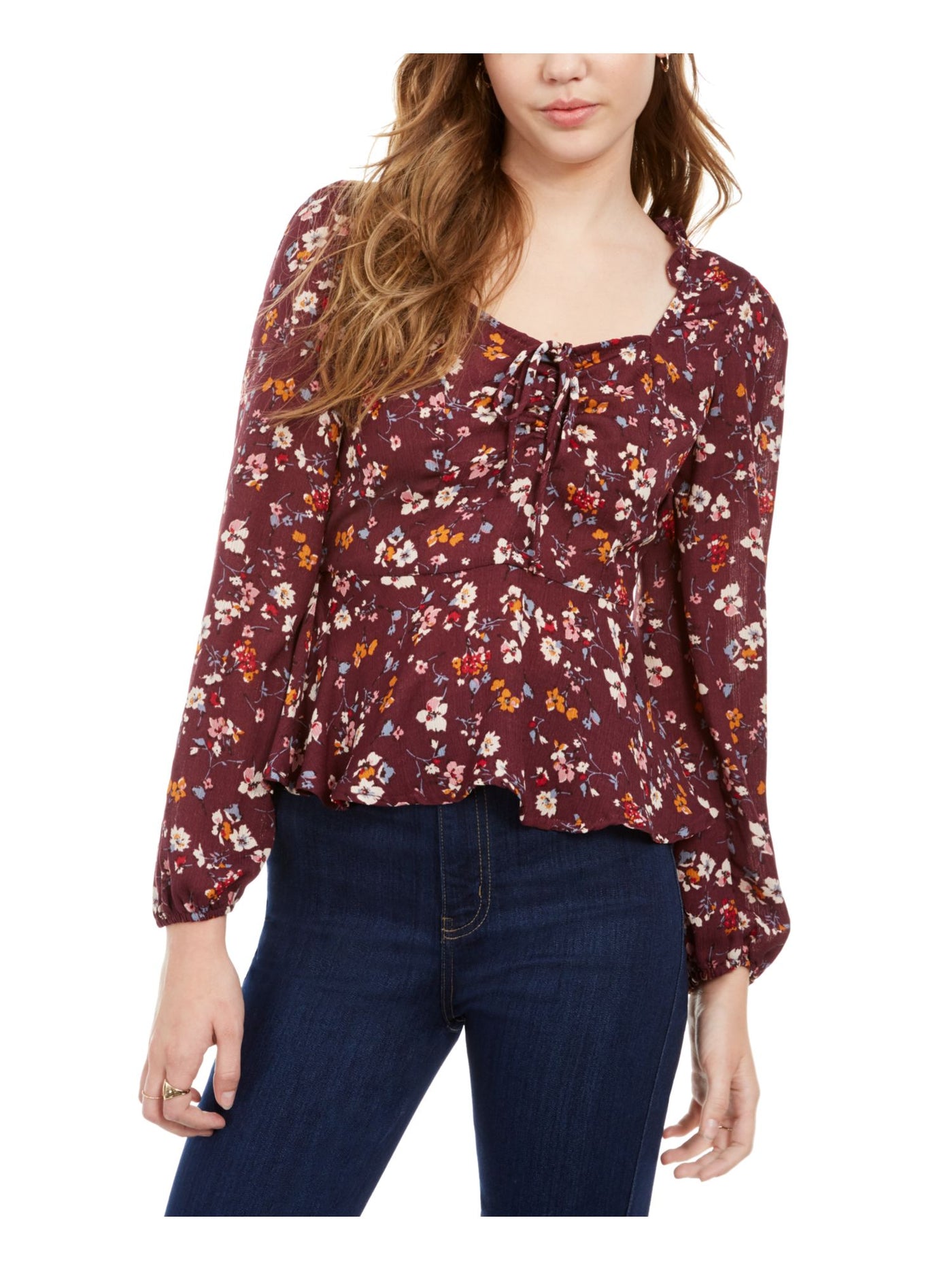 ASH & VIOLET Womens Burgundy Floral Long Sleeve Scoop Neck Top XS
