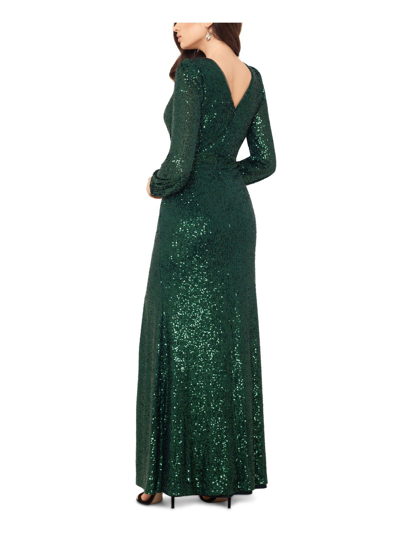 XSCAPE Womens Green Sequined Slitted Gown Long Sleeve V Neck Full-Length Formal Sheath Dress 8