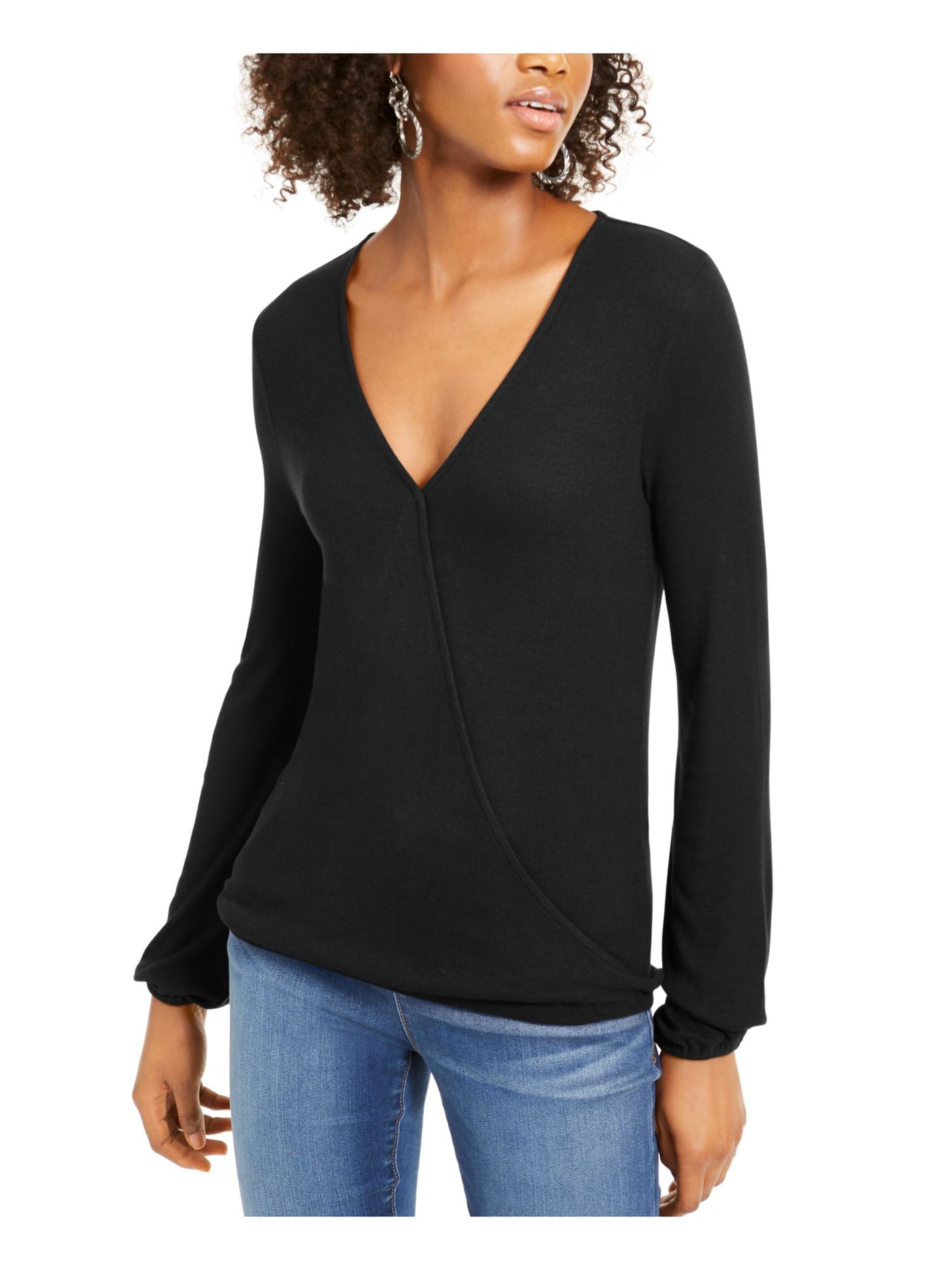 INC Womens Black Long Sleeve V Neck Wrap Top XS