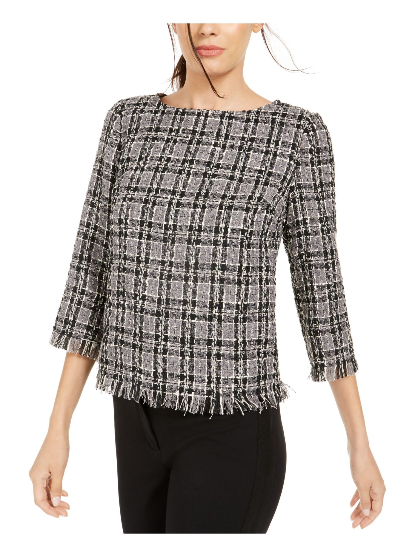 ANNE KLEIN Womens Gray Popover Tweed Plaid 3/4 Sleeve Jewel Neck Wear To Work Sweater XXS