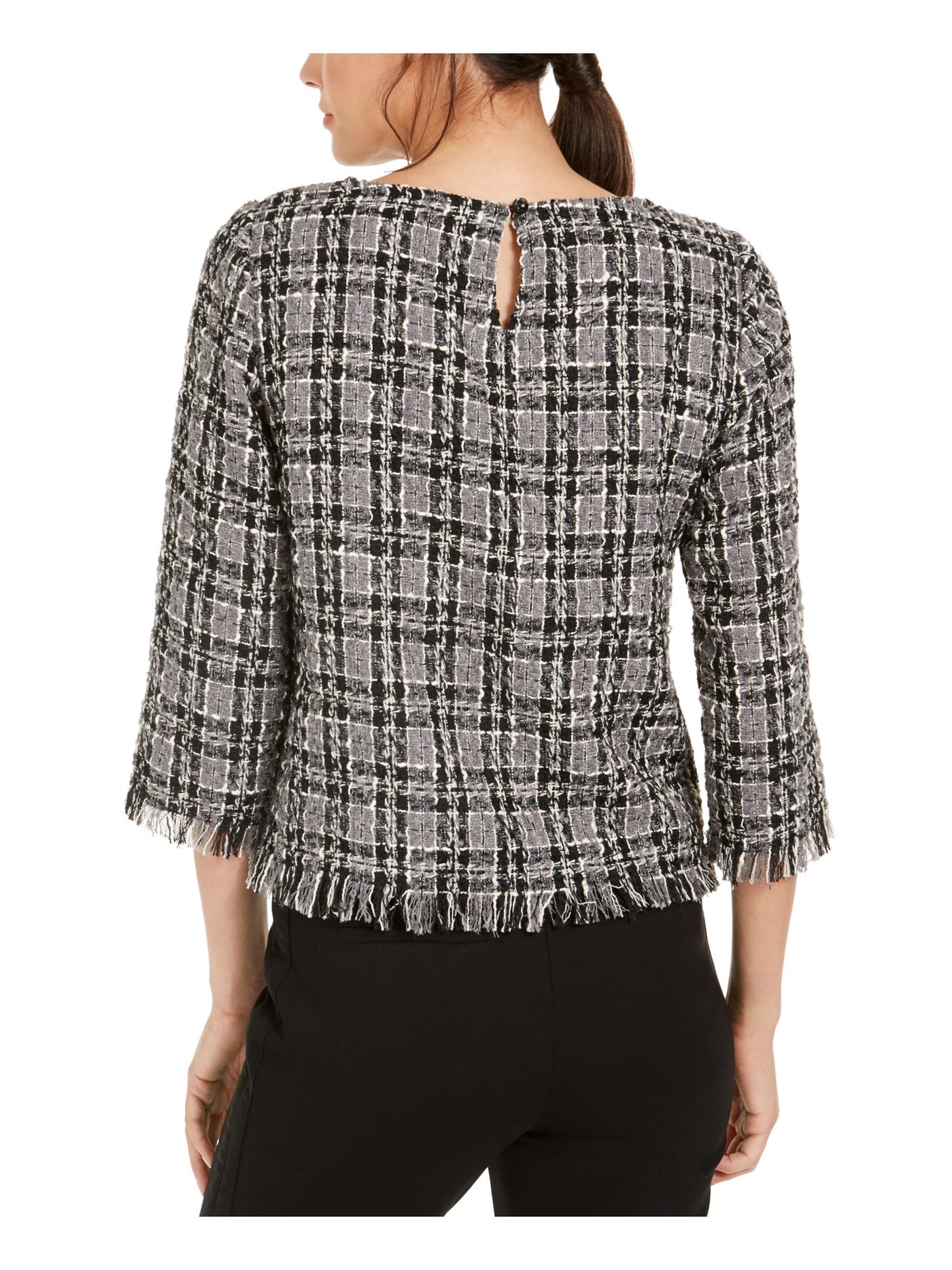 ANNE KLEIN Womens Gray Popover Tweed Plaid 3/4 Sleeve Jewel Neck Wear To Work Sweater XXS