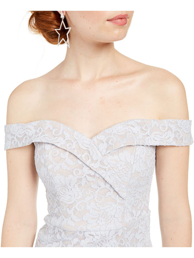 SEQUIN HEARTS Womens Silver Embellished Lace Floral Off Shoulder Short Cocktail Sheath Dress 11