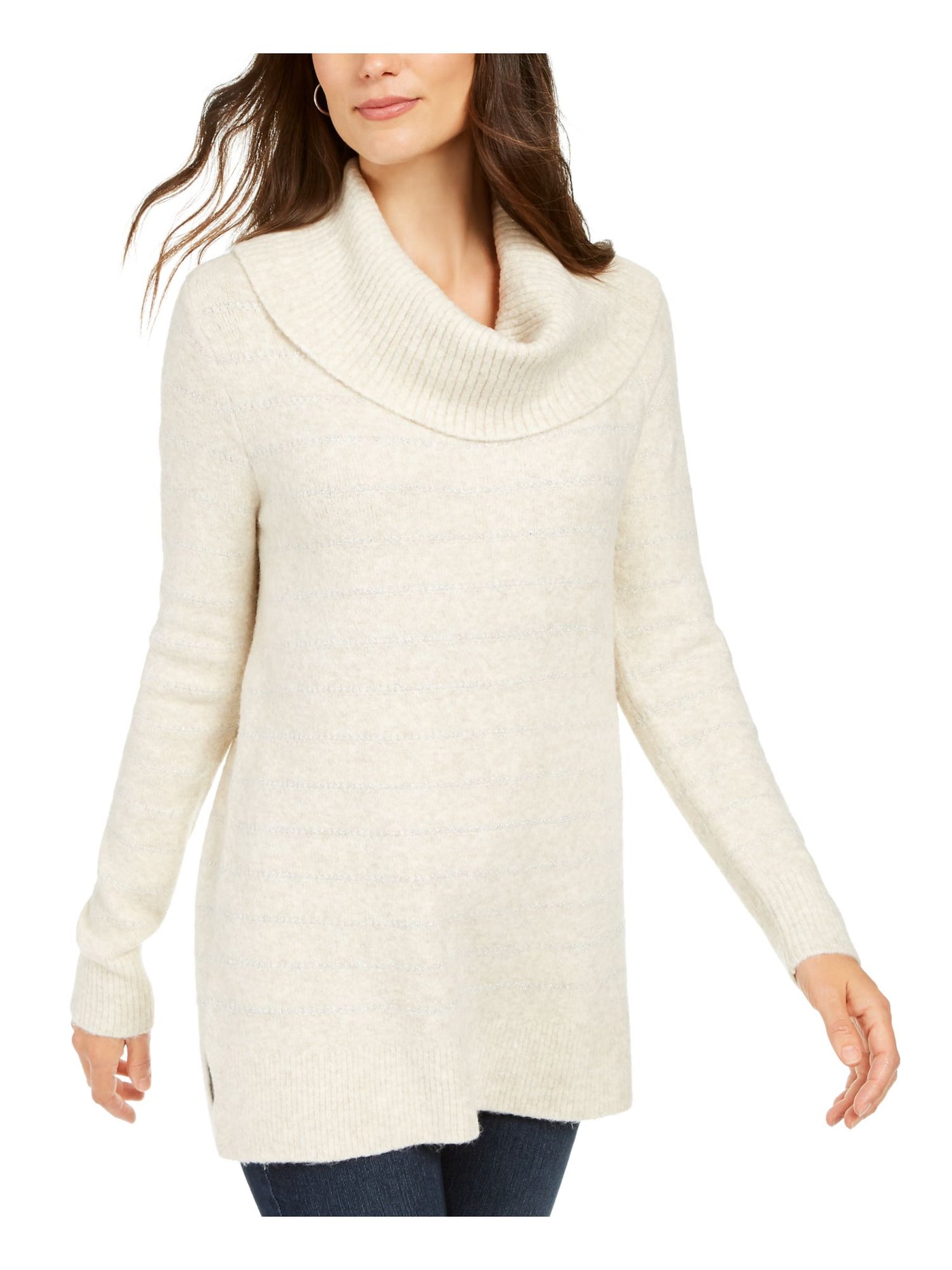 STYLE & COMPANY Womens Beige Embellished Heather Long Sleeve Cowl Neck T-Shirt M