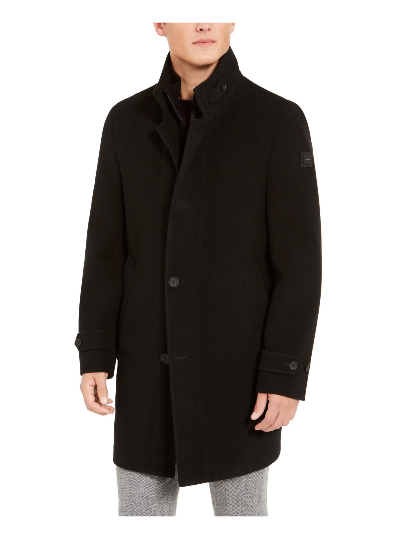 CALVIN KLEIN Mens Black Single Breasted, Wool Blend Overcoat 38R