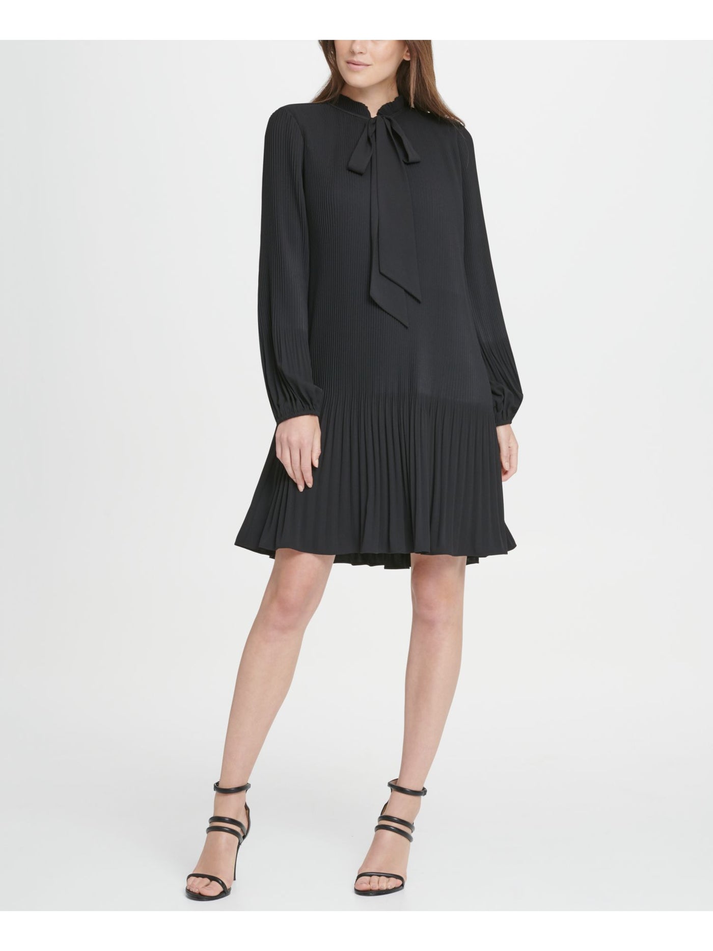 DKNY Womens Black Pleated Pinstripe Long Sleeve Tie Neck Short Evening Fit + Flare Dress 16