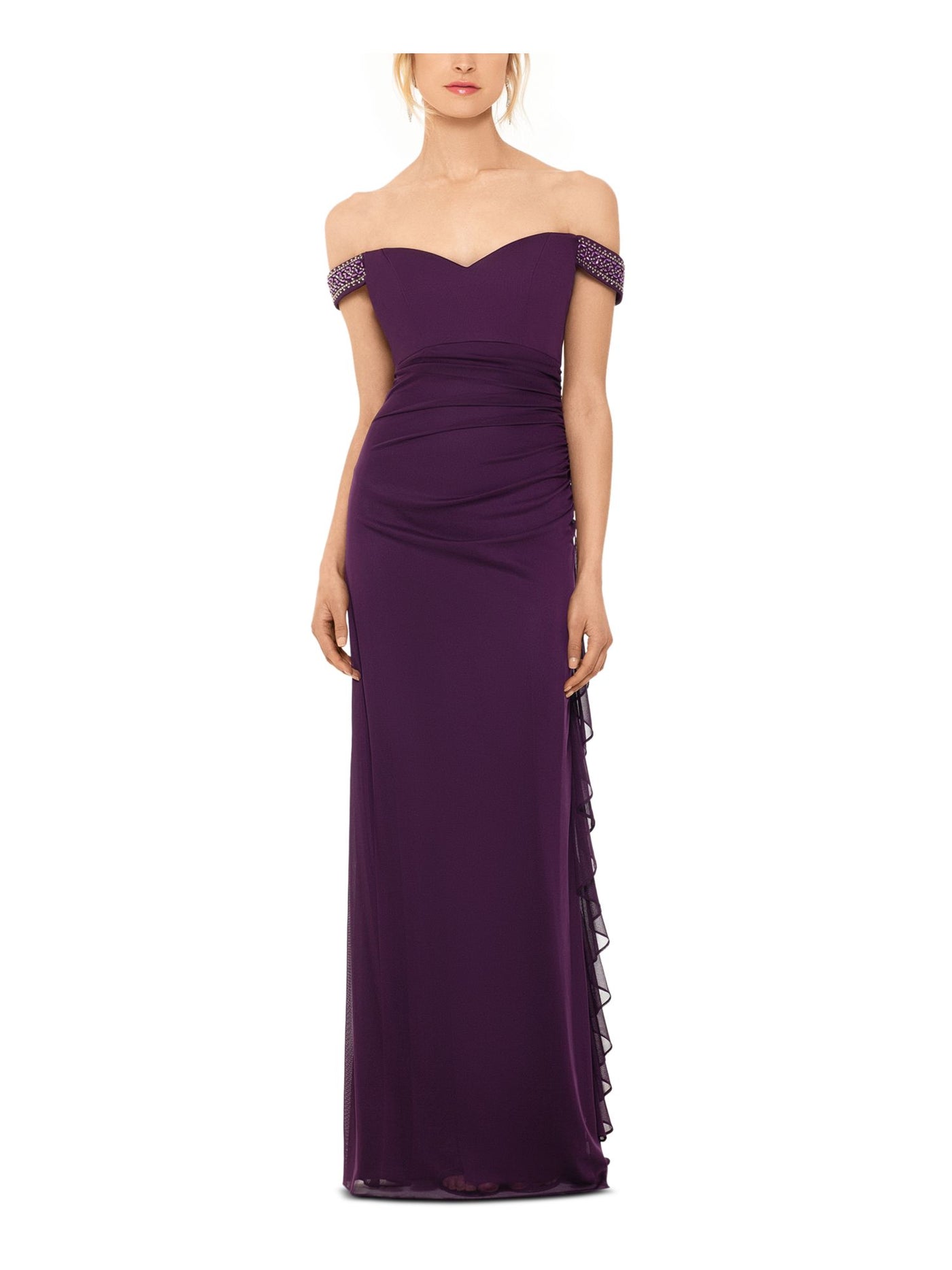 B&A  BY BETSY & ADAM Womens Purple Ruched Cap Sleeve Off Shoulder Maxi Evening Sheath Dress 14