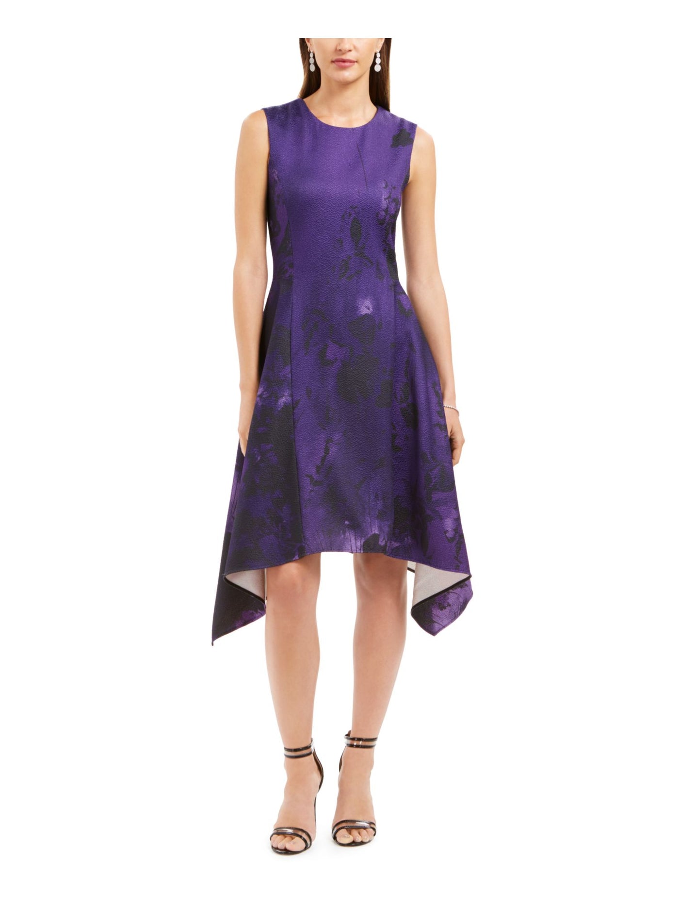 NATORI Womens Purple Zippered Printed Sleeveless Jewel Neck Above The Knee Party Fit + Flare Dress 10