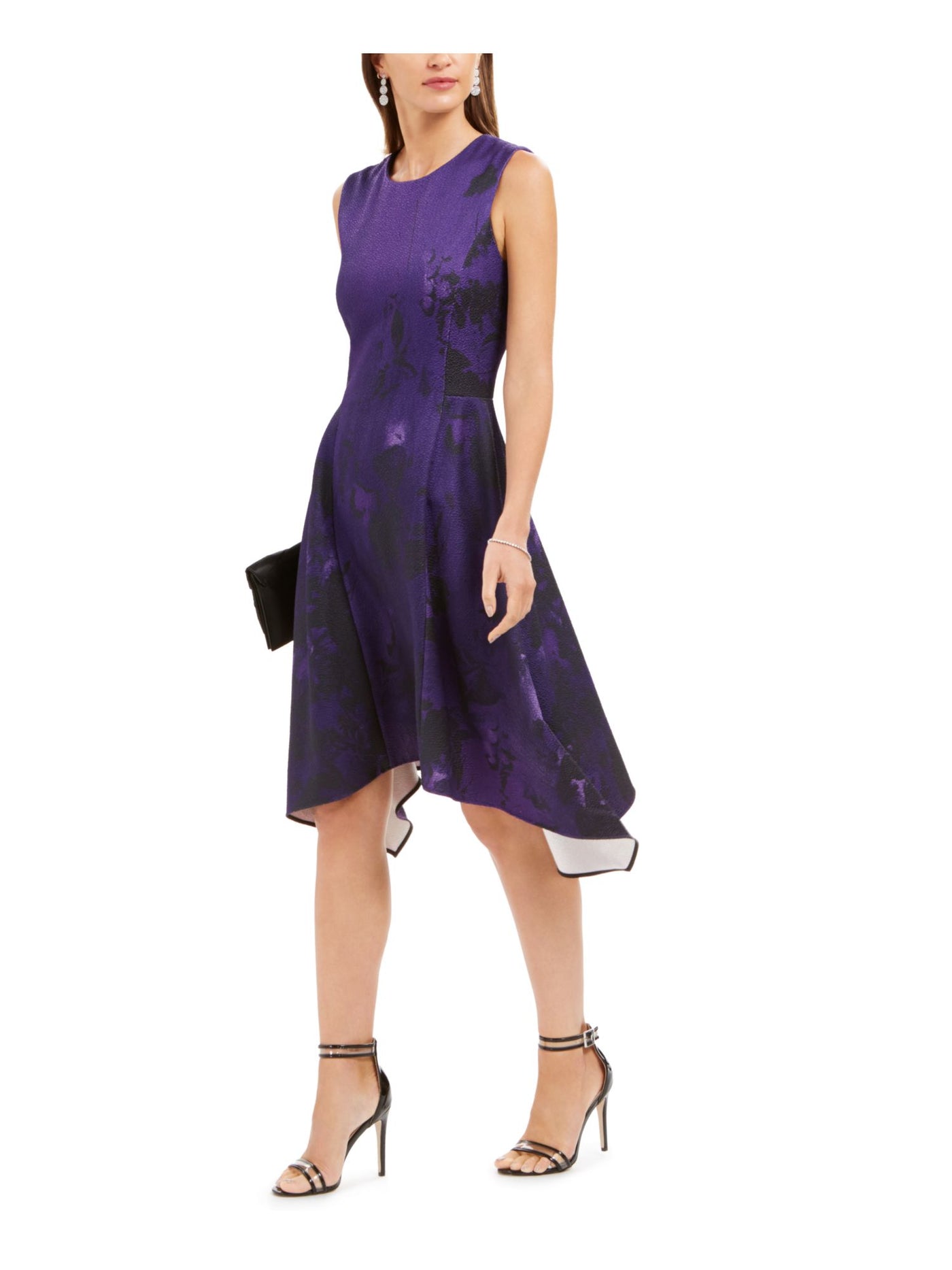 NATORI Womens Purple Zippered Printed Sleeveless Jewel Neck Above The Knee Party Fit + Flare Dress 14