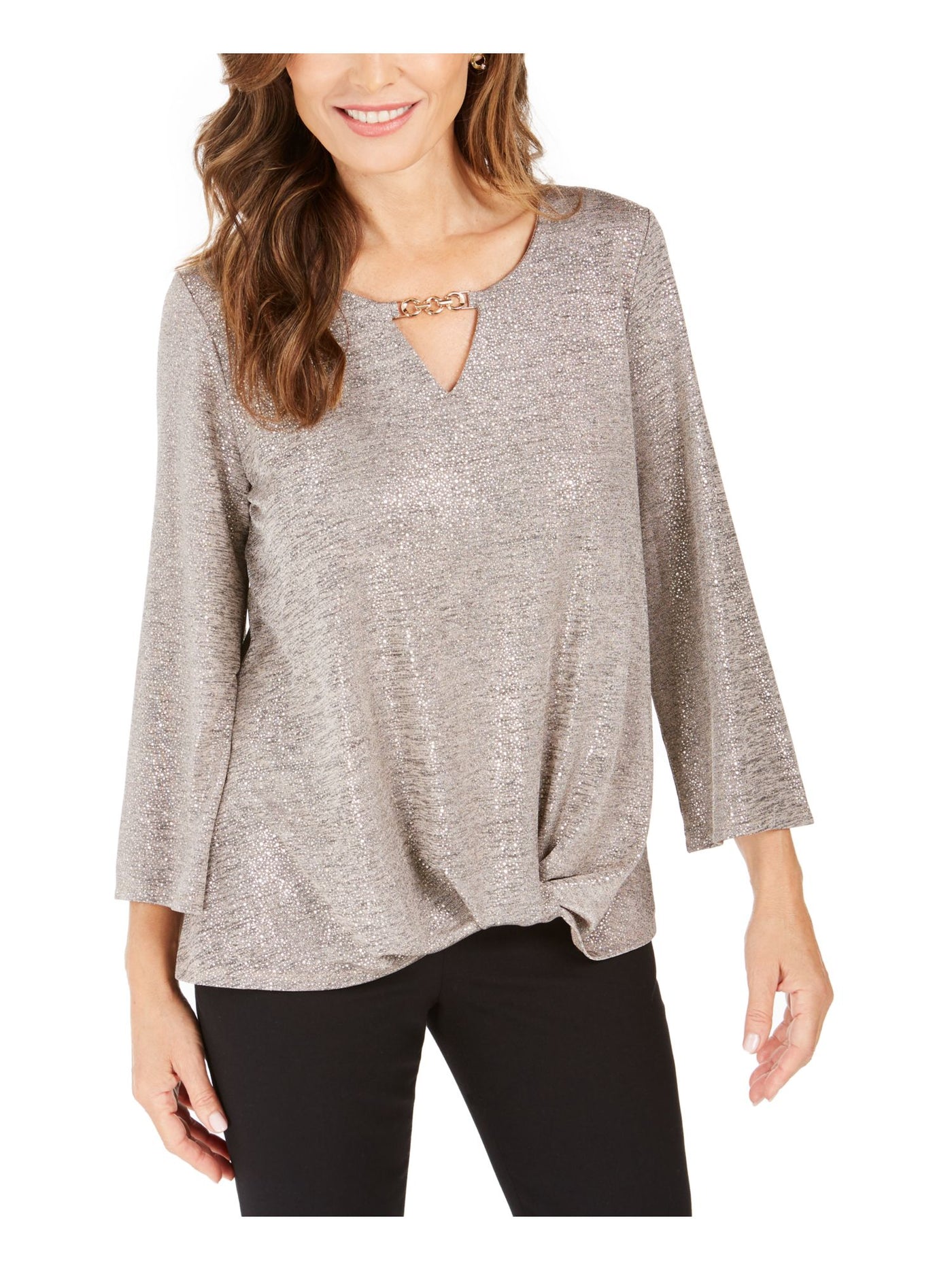 JM COLLECTION Womens Silver Printed 3/4 Sleeve Keyhole Evening Top XXL