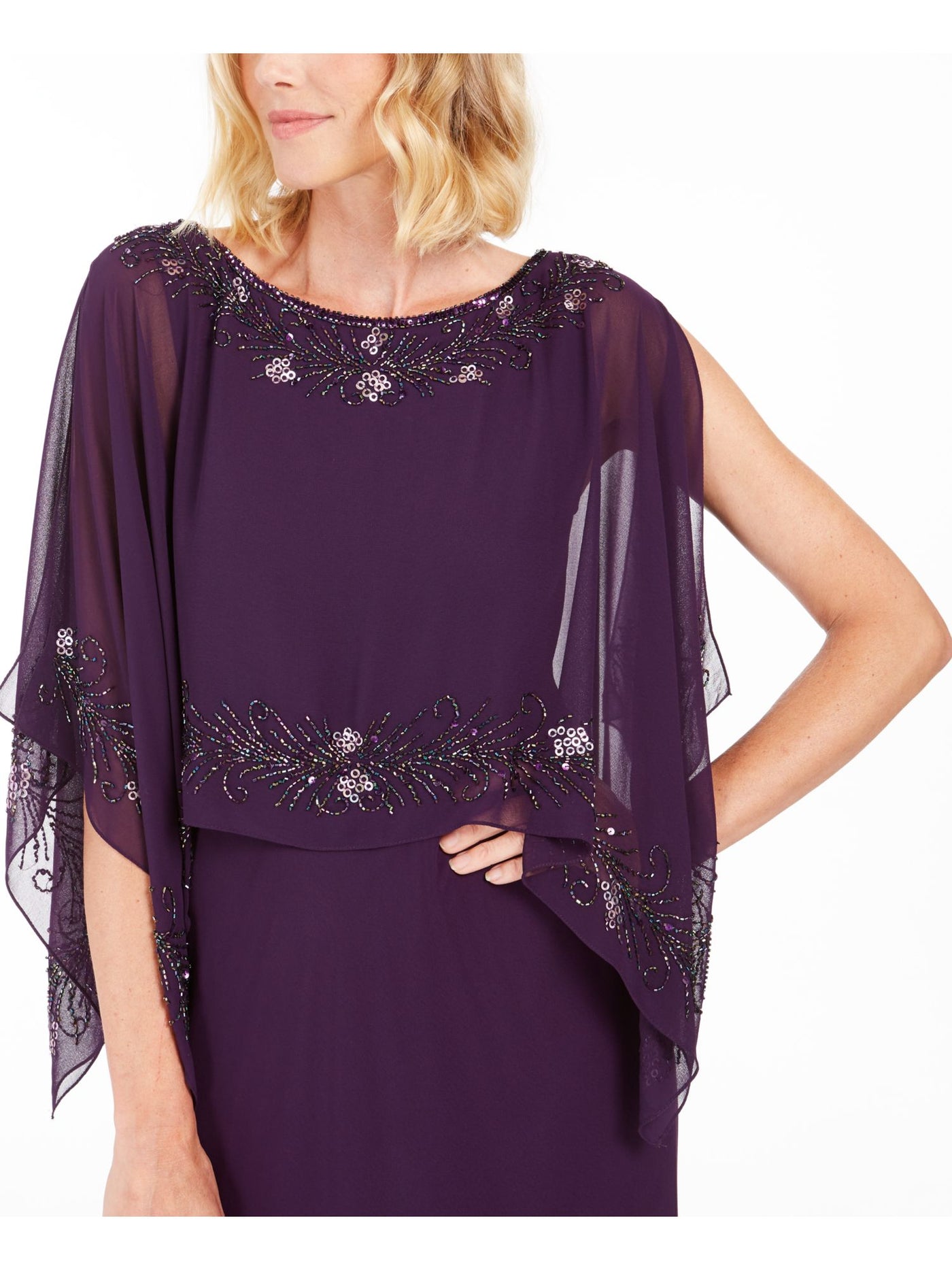 JKARA Womens Purple Embellished Cold Shoulder Kimono Sleeve Crew Neck Full-Length Formal Blouson Dress 6