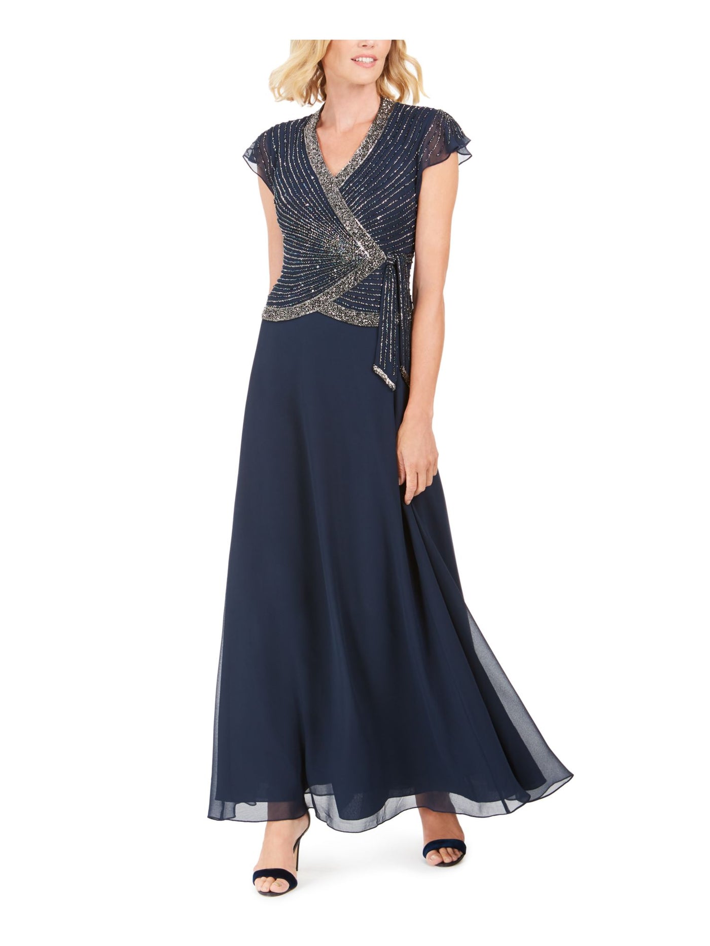 JKARA Womens Navy Embellished Tie-side Short Sleeve V Neck Full-Length Formal Dress 8