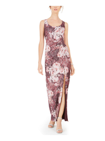 ADRIANNA PAPELL Womens Purple Slitted Ruched Floral Sleeveless Scoop Neck Maxi Evening Dress 16