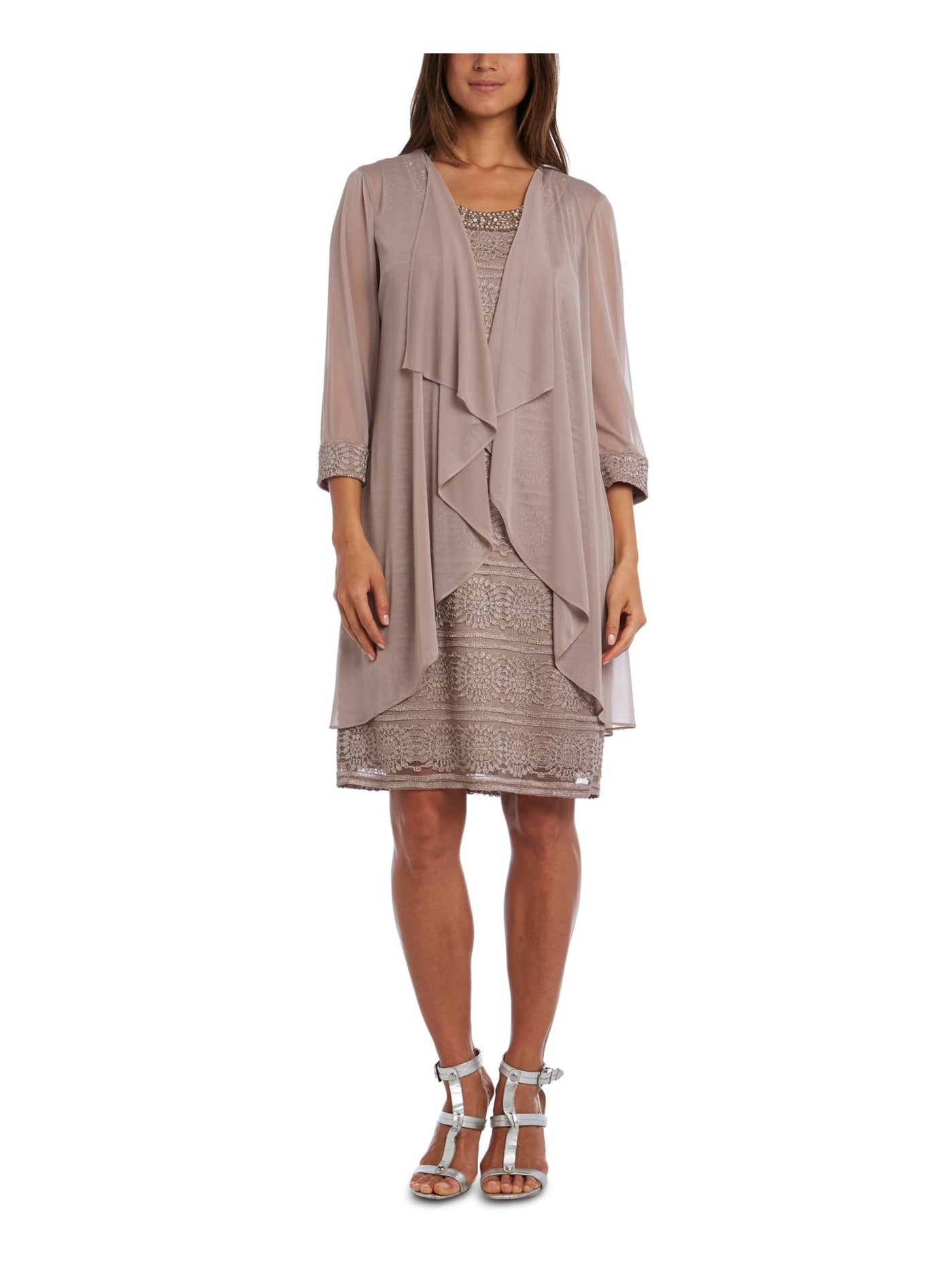 R&M RICHARDS Womens Beige Glitter Textured 3/4 Sleeve Open Front Drape Sleeveless Scoop Neck Above The Knee Evening Shift Dress 4