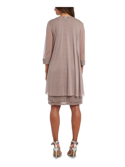R&M RICHARDS Womens Beige Glitter Textured 3/4 Sleeve Open Front Drape Sleeveless Scoop Neck Above The Knee Evening Shift Dress 4