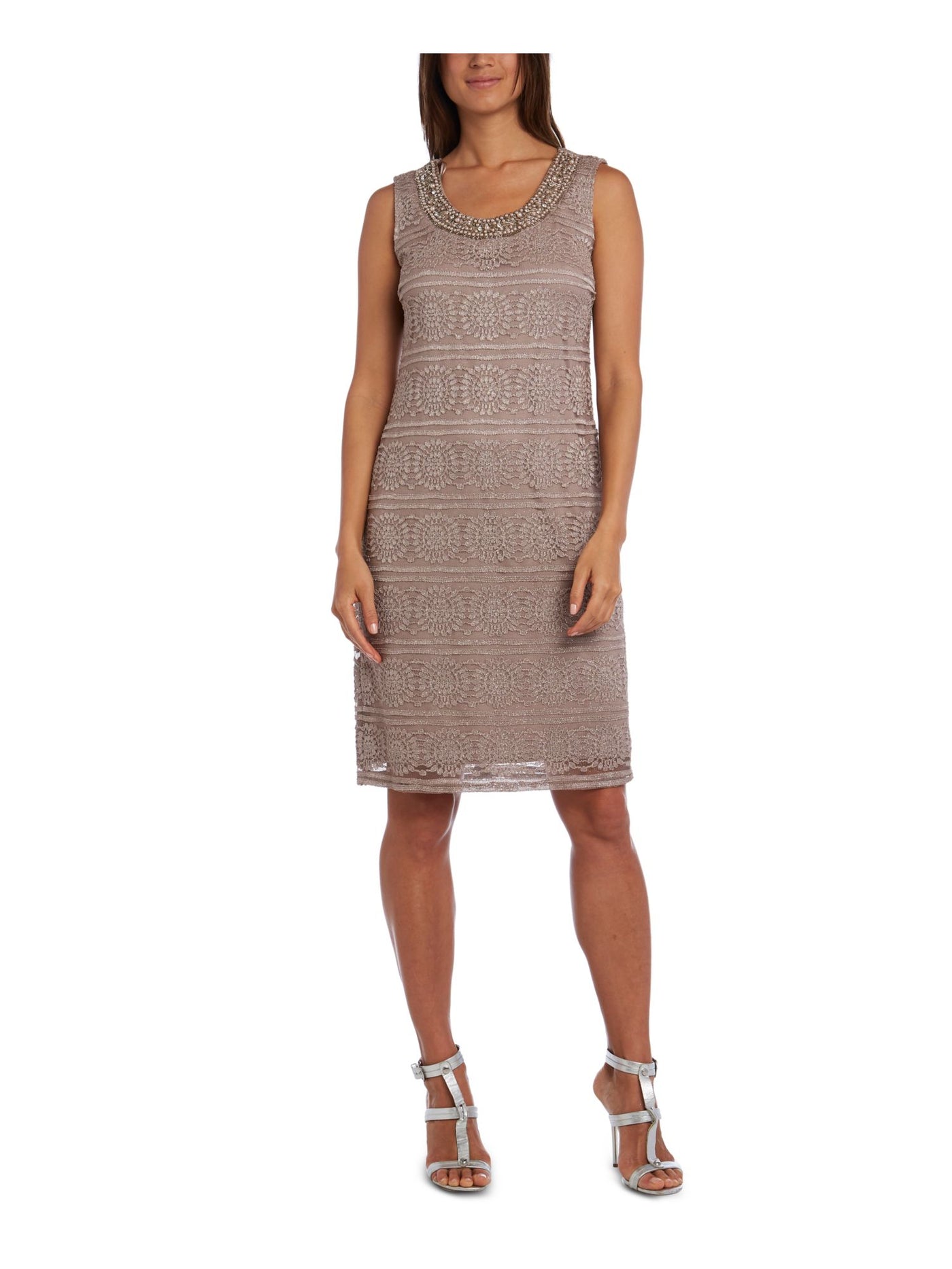 R&M RICHARDS Womens Beige Glitter Textured 3/4 Sleeve Open Front Drape Sleeveless Scoop Neck Above The Knee Evening Shift Dress 4