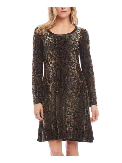 KAREN KANE Womens Brown Animal Print Long Sleeve Jewel Neck Above The Knee Fit + Flare Dress XS