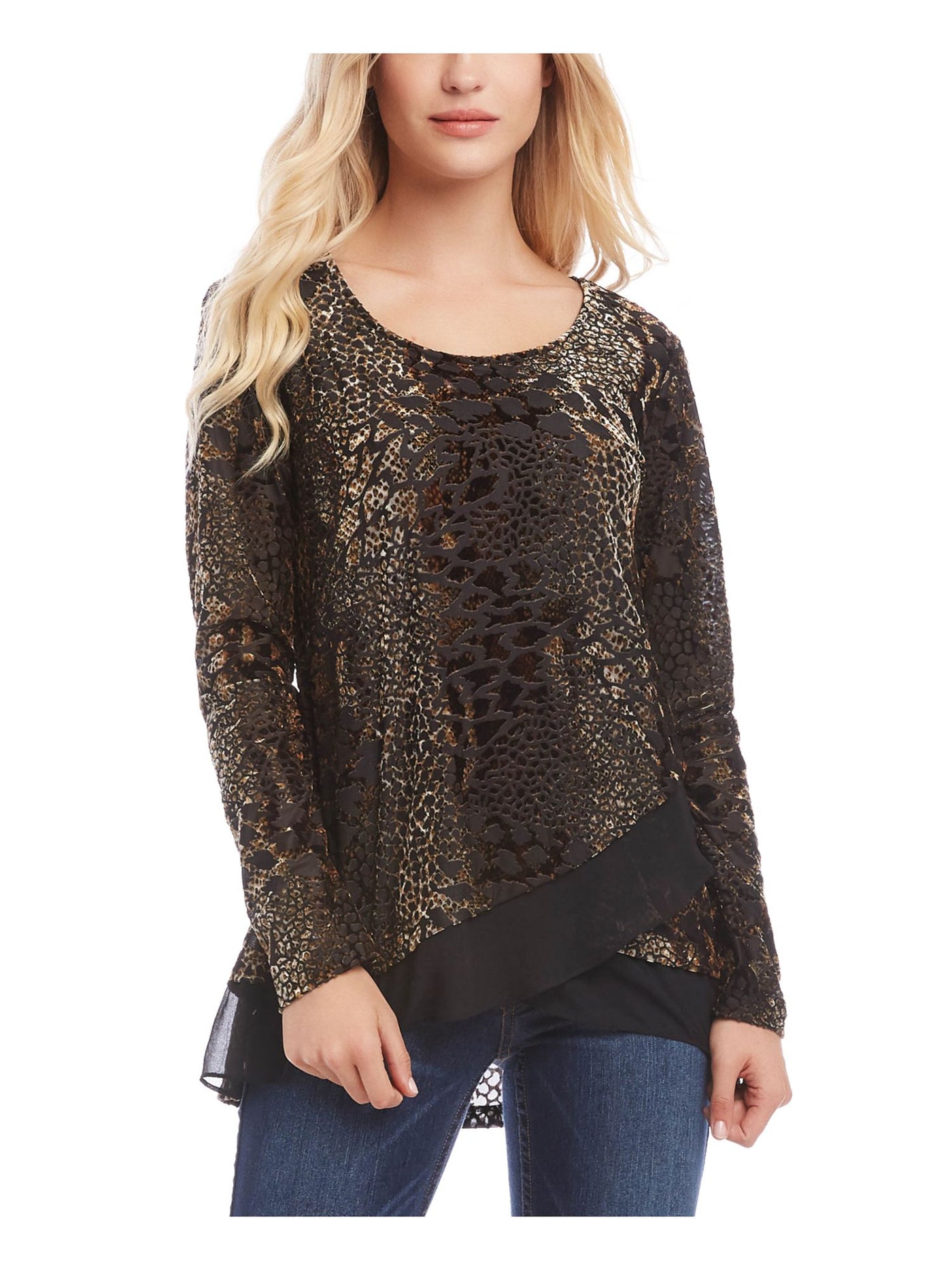 KAREN KANE Womens Black Animal Print Long Sleeve Scoop Neck Top XS