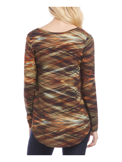 KAREN KANE Womens Brown Stretch Printed Long Sleeve Scoop Neck Wear To Work Tunic Top S