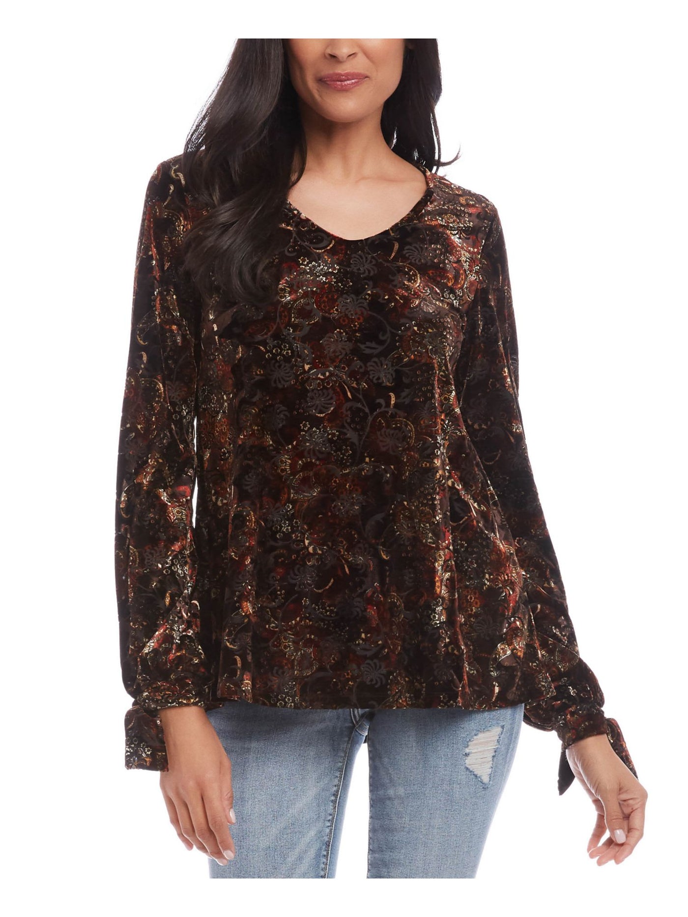 KAREN KANE Womens Brown Stretch Paisley Long Sleeve V Neck Top S