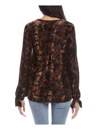 KAREN KANE Womens Brown Stretch Paisley Long Sleeve V Neck Top S