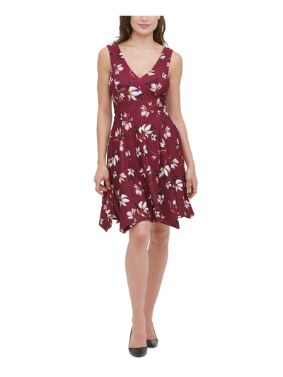 KENSIE Womens Burgundy Floral Sleeveless V Neck Above The Knee Fit + Flare Dress 12