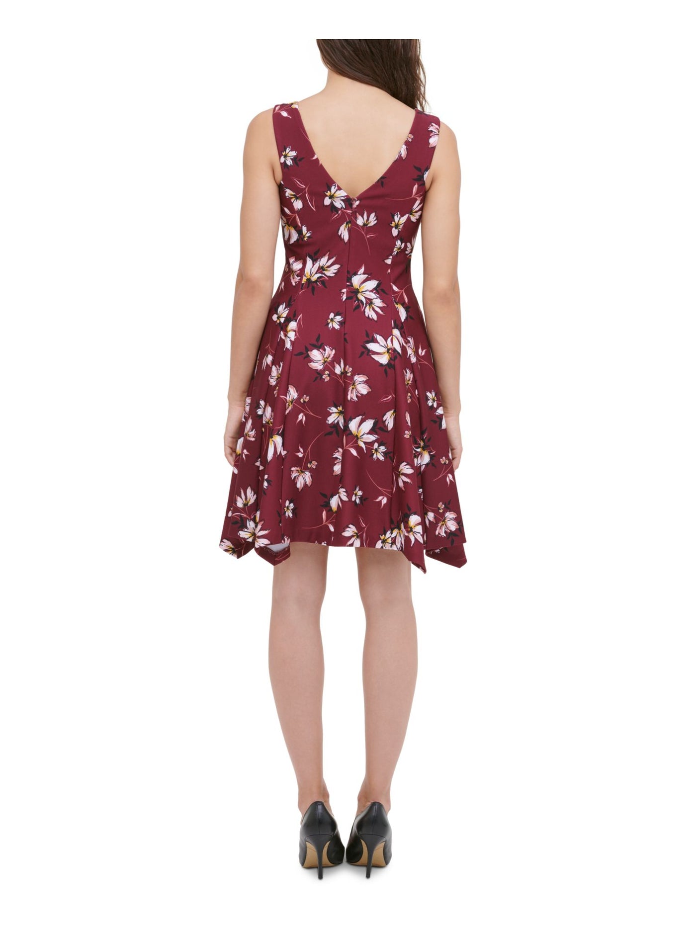 KENSIE Womens Burgundy Floral Sleeveless V Neck Above The Knee Fit + Flare Dress 12