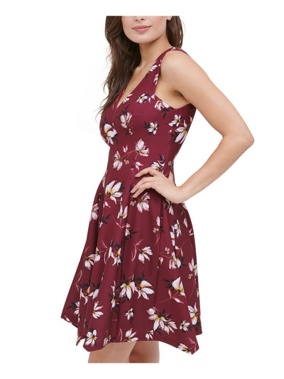 KENSIE Womens Burgundy Floral Sleeveless V Neck Above The Knee Fit + Flare Dress 12