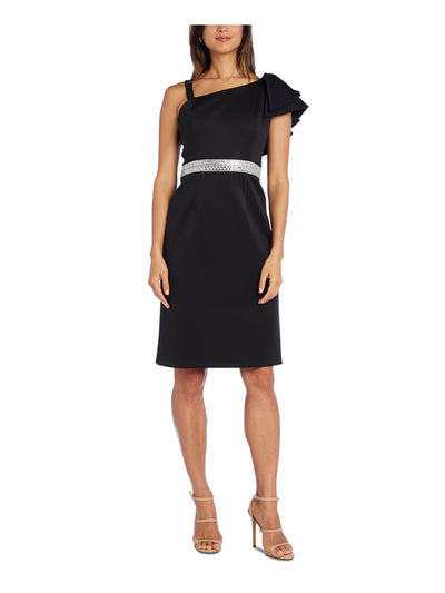 NIGHTWAY Womens Black Sleeveless Asymmetrical Neckline Above The Knee Evening Sheath Dress Petites 8P