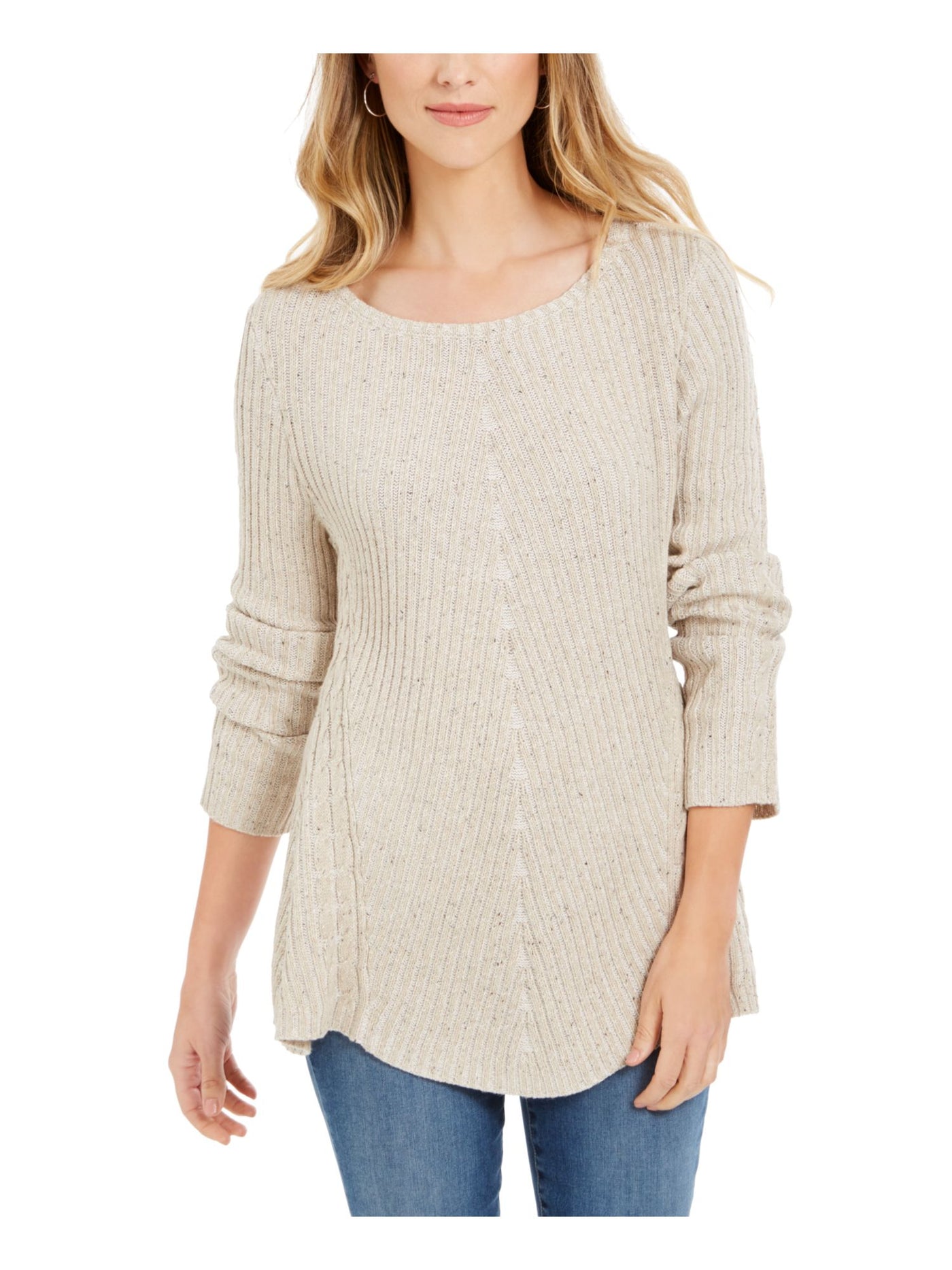 STYLE & COMPANY Womens Beige Textured  Knitted Printed Long Sleeve Jewel Neck T-Shirt S