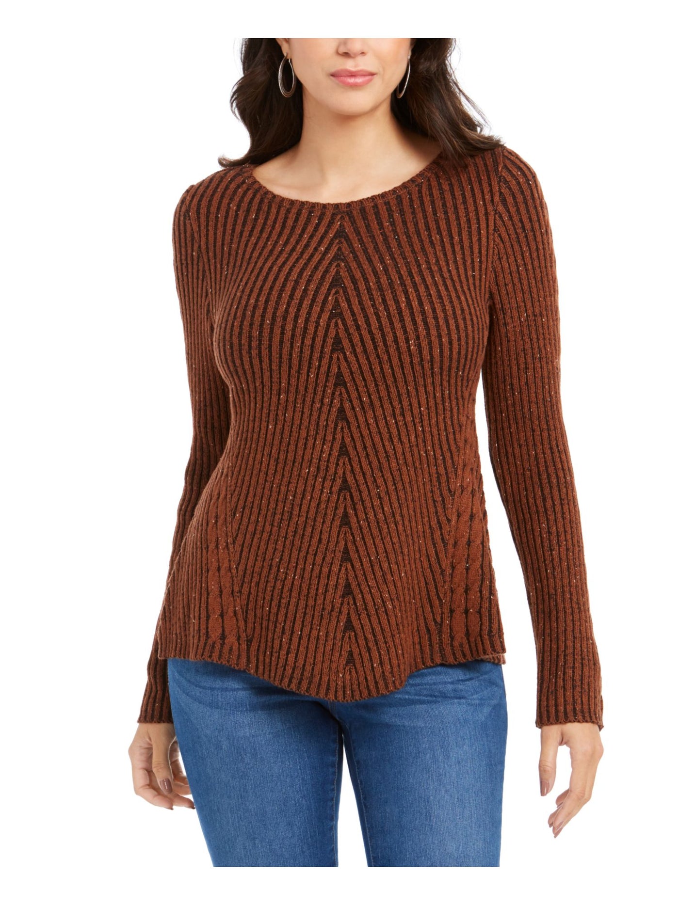 STYLE & COMPANY Womens Brown Textured  Knitted Printed Long Sleeve Jewel Neck T-Shirt L