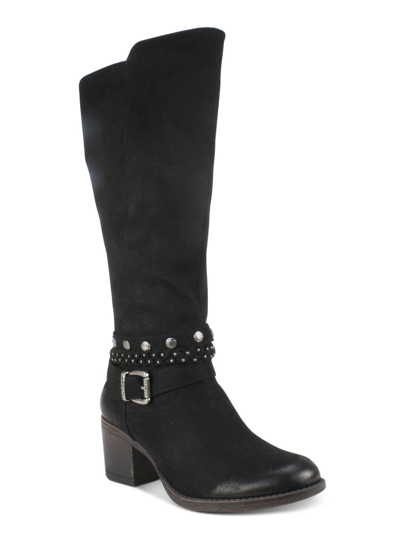 WHITE MOUNTAIN Womens Black Stretch Gore Woven Straps Studded Western Inspired Cushioned Strappy Paulina Round Toe Block Heel Zip-Up Boots Shoes 5 M