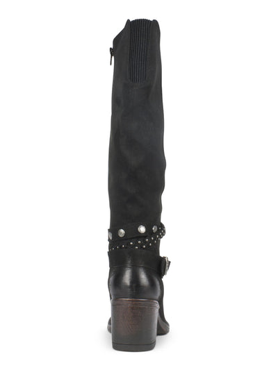 WHITE MOUNTAIN Womens Black Stretch Gore Woven Straps Studded Western Inspired Cushioned Strappy Paulina Round Toe Block Heel Zip-Up Boots Shoes 5 M