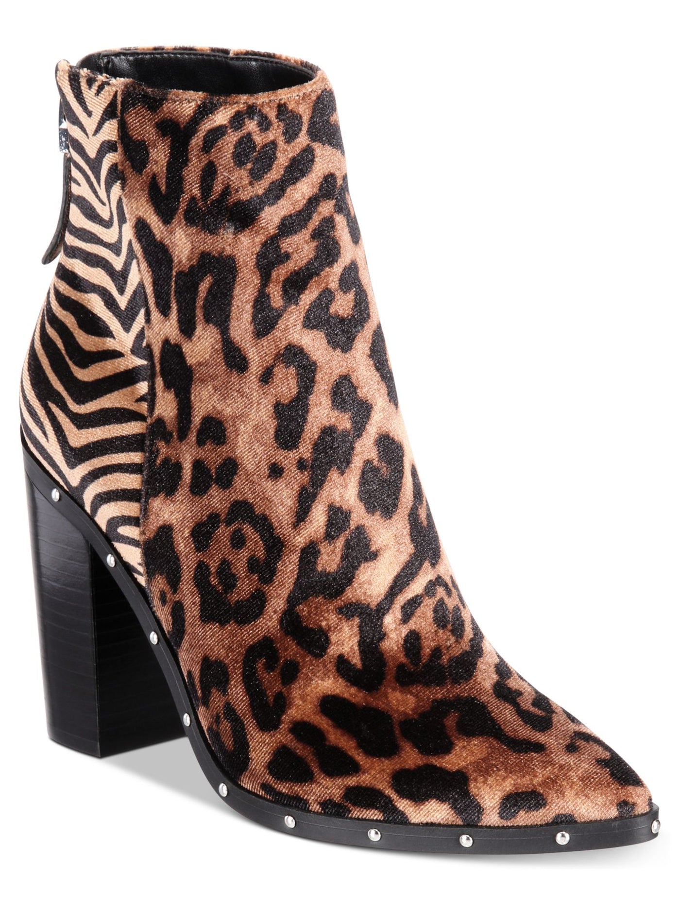 ALDO Womens Brown Animal Print Tiger Leopard Multi-Media Cushioned Studded Ibalenna Pointed Toe Block Heel Zip-Up Dress Booties 5 B