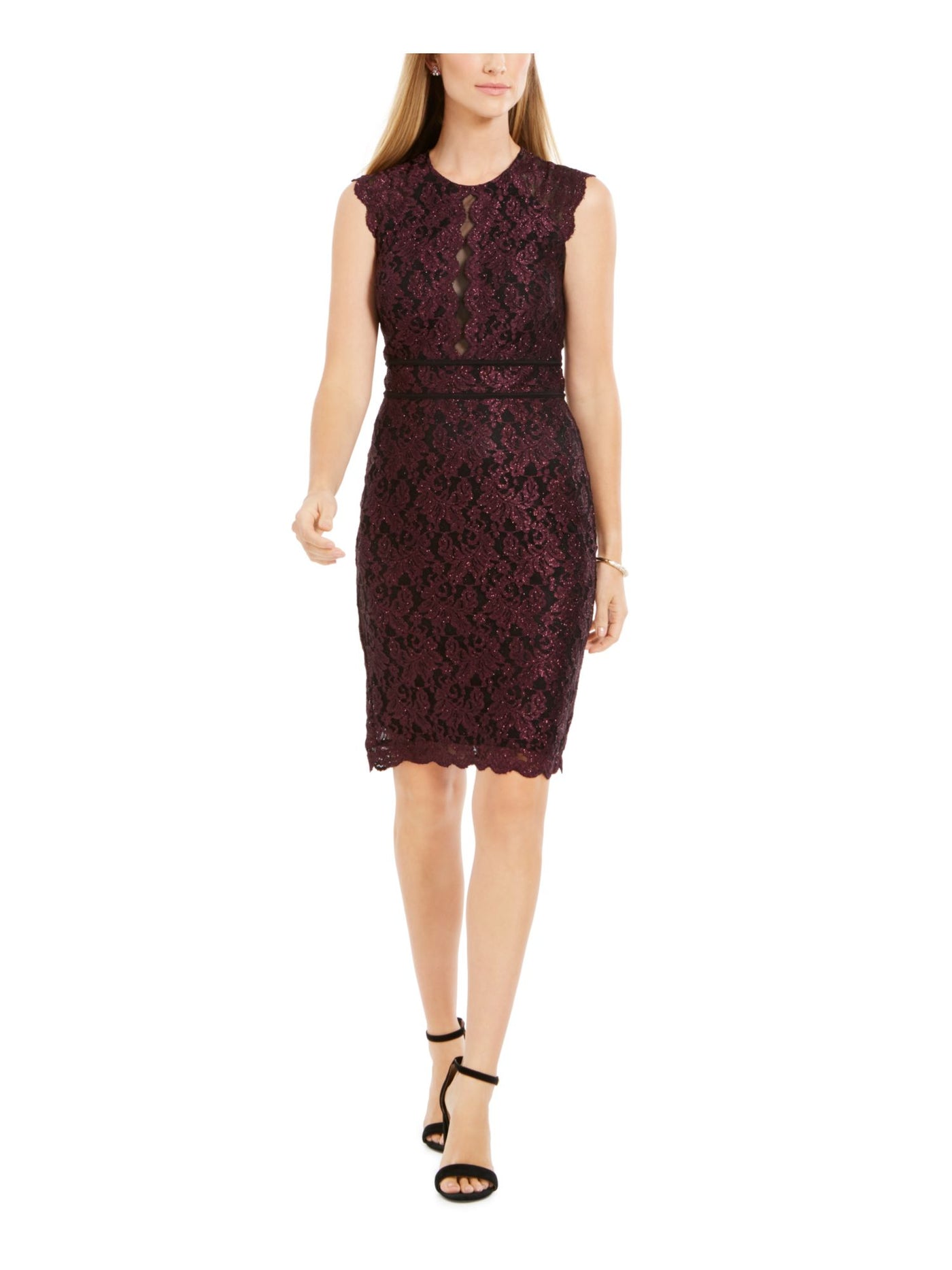 NIGHTWAY Womens Lace Glitter Glitter Sleeveless Jewel Neck Above The Knee Cocktail Sheath Dress