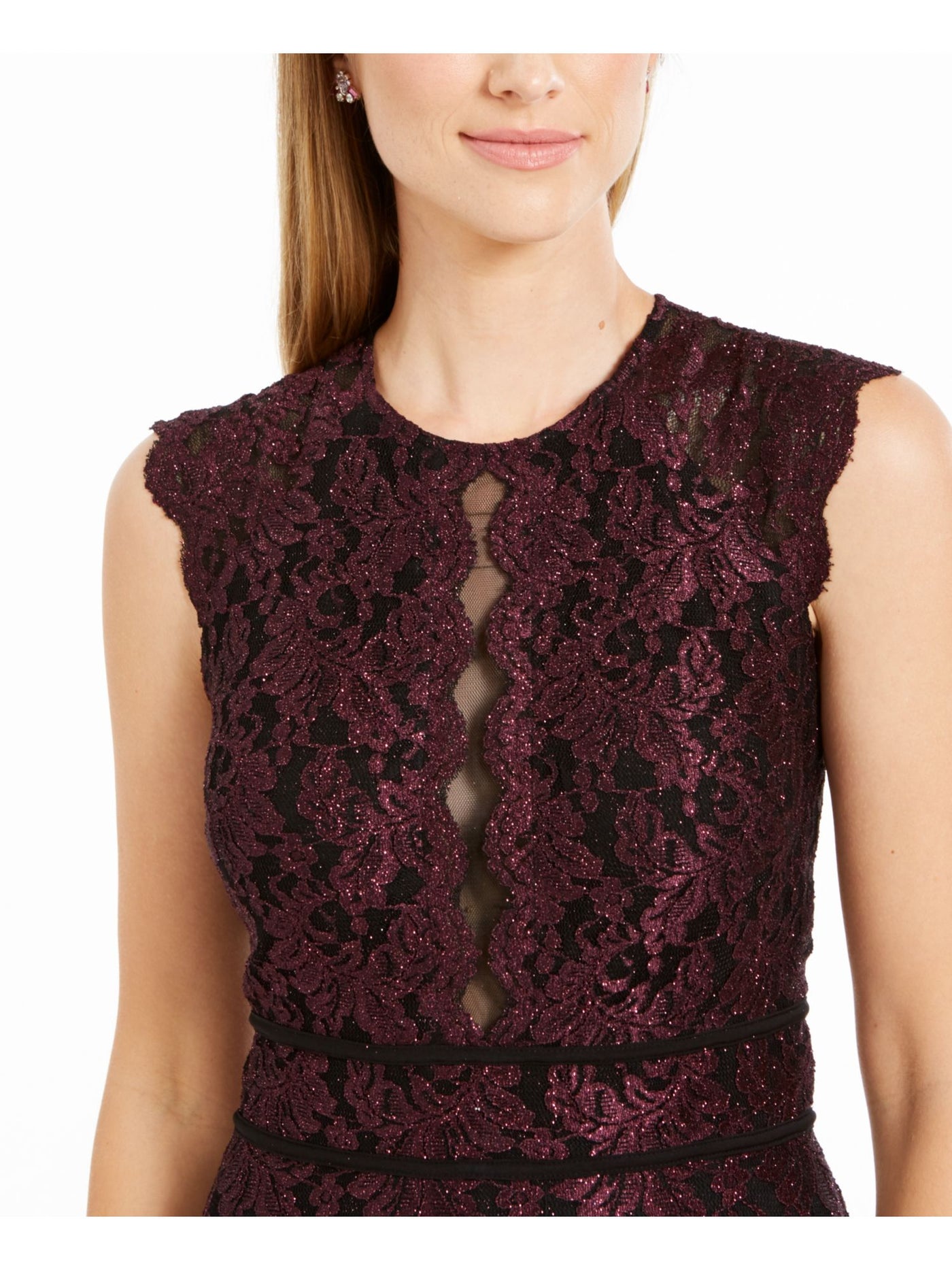 NIGHTWAY Womens Purple Lace Glitter Sleeveless Jewel Neck Above The Knee Cocktail Sheath Dress 14