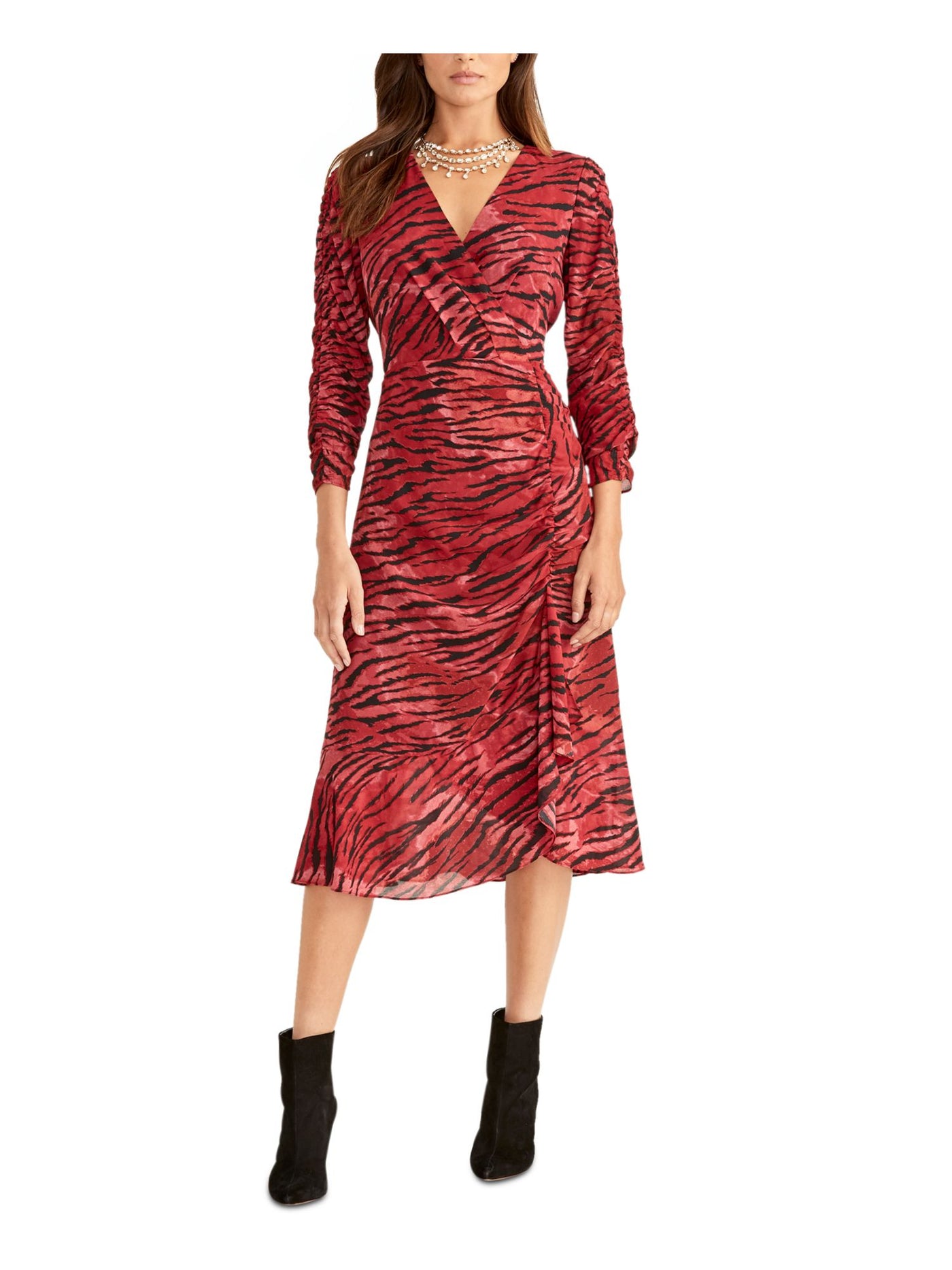RACHEL RACHEL ROY Womens Red Ruched Ruffled Animal Print 3/4 Sleeve V Neck Midi Party Sheath Dress 0