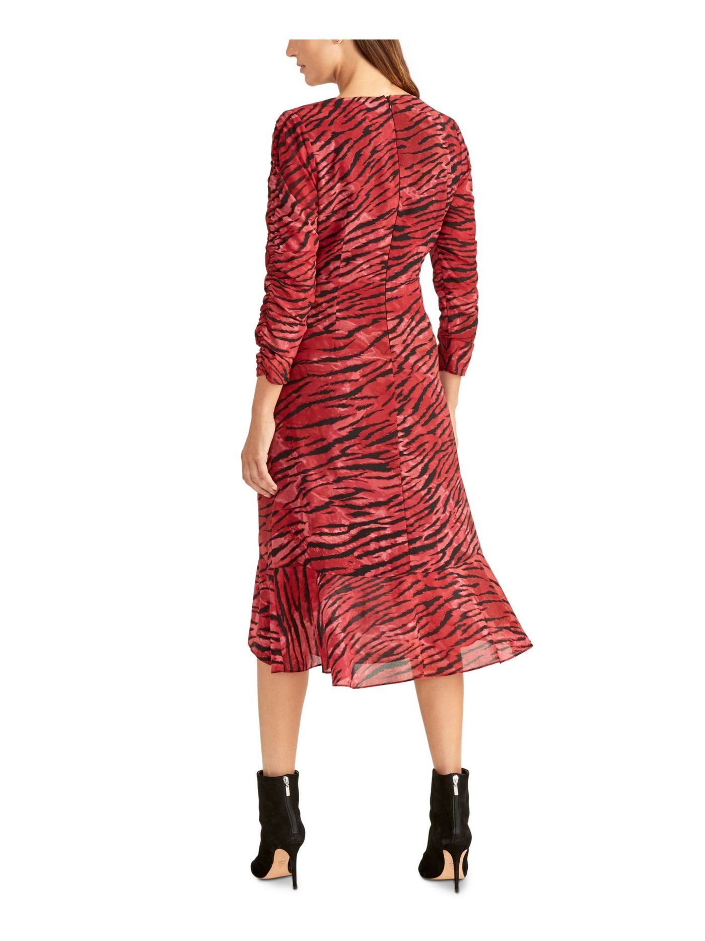 RACHEL RACHEL ROY Womens Red Ruched Ruffled Animal Print 3/4 Sleeve V Neck Midi Party Sheath Dress 0