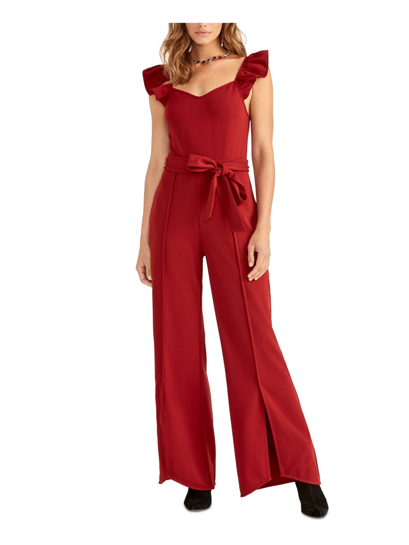 RACHEL ROY Womens Red Tie Ruffled Cap Sleeve Sweetheart Neckline Party Wide Leg Jumpsuit M