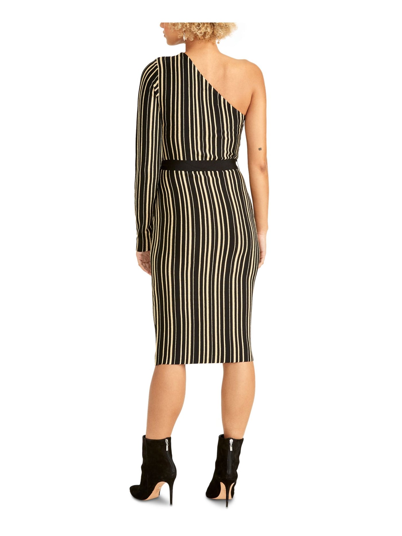 RACHEL ROY Womens Black Belted Striped Long Sleeve Asymmetrical Neckline Knee Length Sheath Dress M