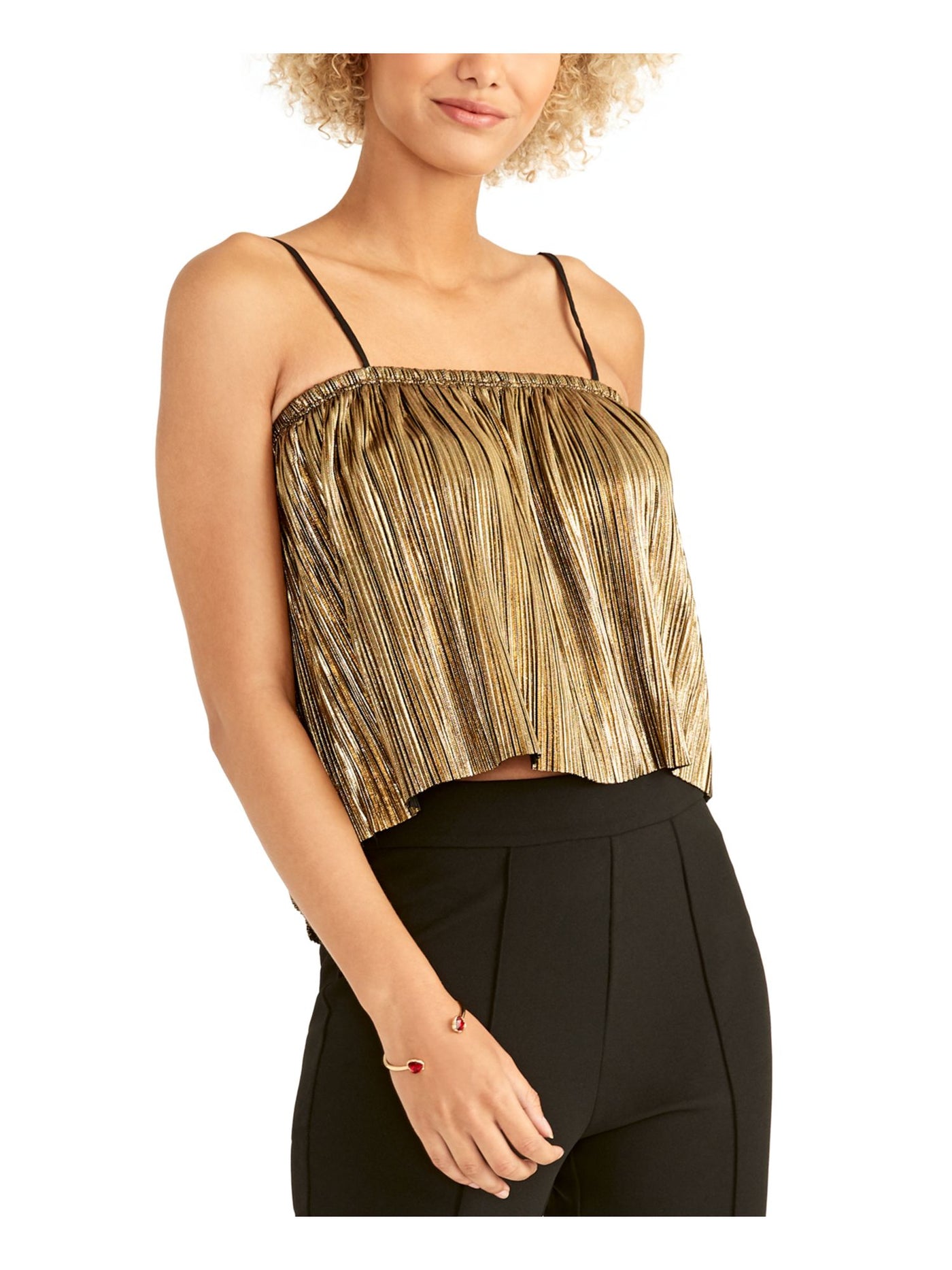 RACHEL ROY Womens Gold Shimmer Striped Spaghetti Strap Square Neck Cocktail Crop Top M